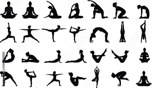 Black yoga poses silhouette set with women icons practicing meditation aerobics fitness and healthy lifestyle over white background