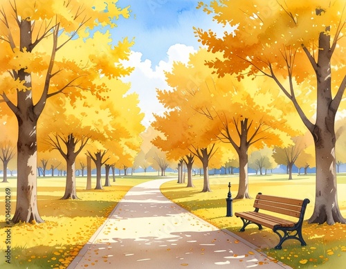 Watercolor Autumn Ginkgo Park with Bench and Winding Path — Cozy Fall Landscape Wallpaper Illustration