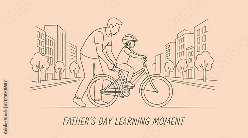 Father teaches child to ride bicycle on city street on Father's Day