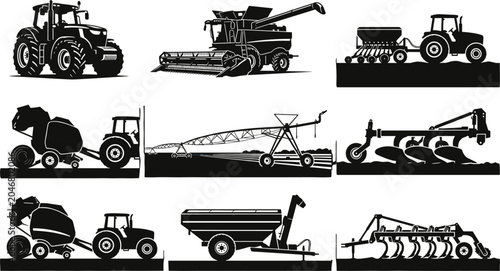 Quadro su tela Agricultural Machinery Silhouette Collection Featuring Tractor Harvester Seeder