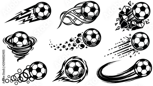 Football Soccer Motion Ball Vector Icon Set with Speed Lightning Flame Tornado Shatter and Orbit Effects for Sports Design Black Clip Art
