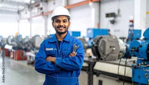 A smiling, dark-haired worker wearing a white hard hat and blue coveralls poses confidently in a large industrial setting