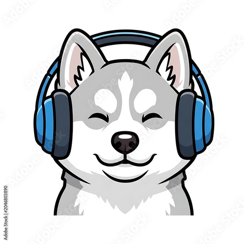 Cartoon woman wearing blue headphones smiling happily.