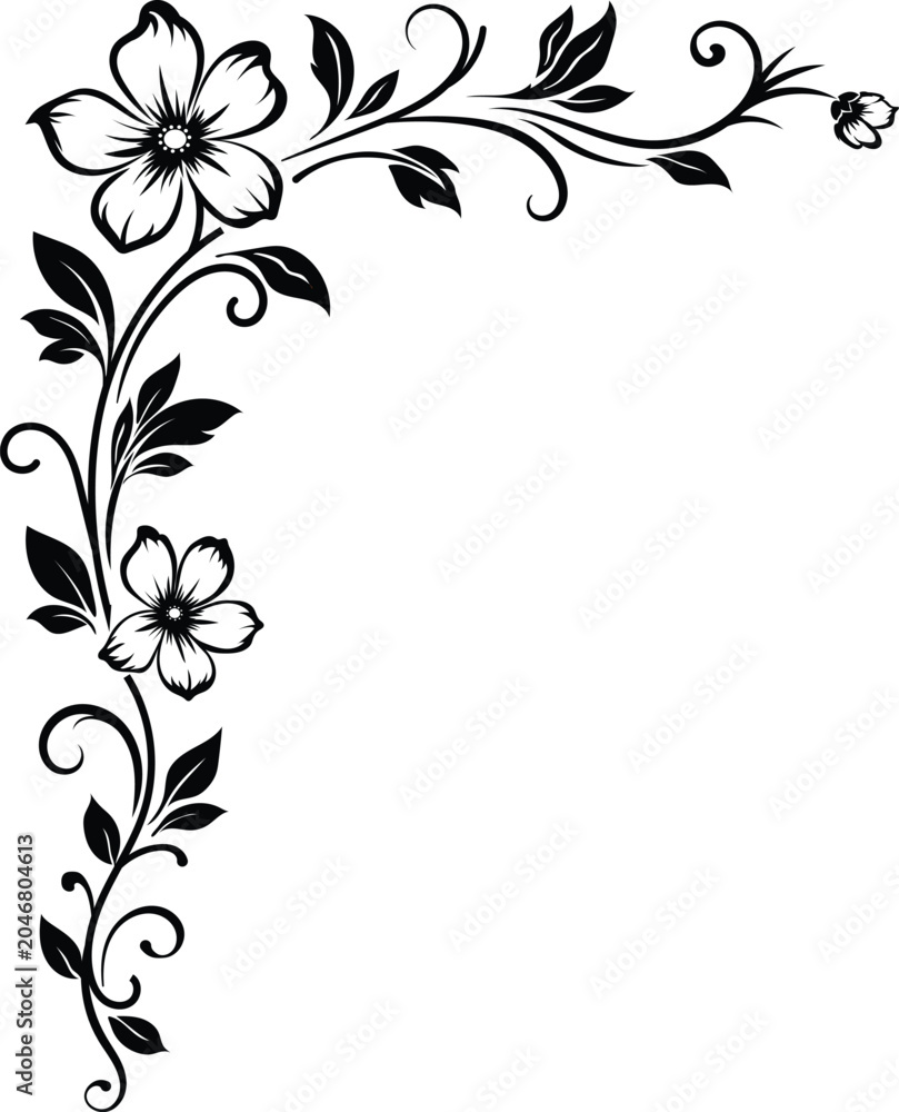 Fototapeta premium Elegant Floral Corner Border with Black Silhouette Flowers
