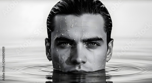 Portrait of a Young Man Emerging from Calm Water in Striking Monochrome Photography