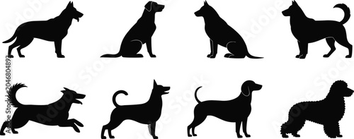 Cuadro en lienzo Domestic Dog Silhouette Collection Set Featuring Multiple Breeds Standing Sittin