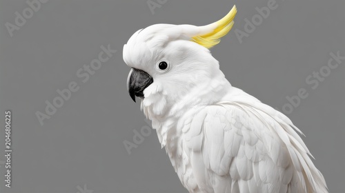 Elegant White Cockatoo with Yellow Crest Against Neutral Background