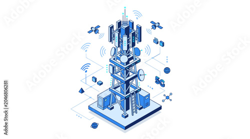 Tableau sur toile 5G Cell Tower with Satellites and Network Connections