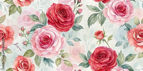 Watercolor roses seamless pattern with pink red flowers and green leaves romantic floral background