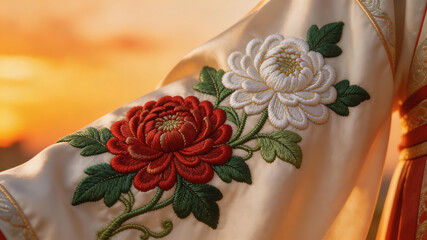 Embroidered floral design on fabric emphasizing modern aesthetics and minimalist design