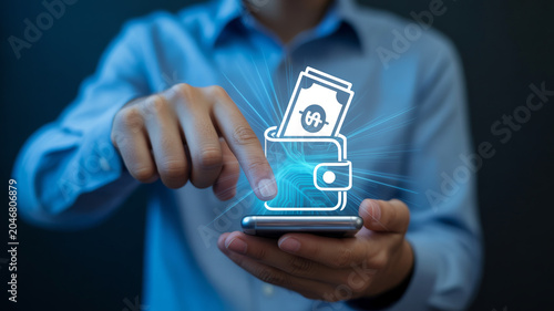 Man uses smartphone with digital wallet