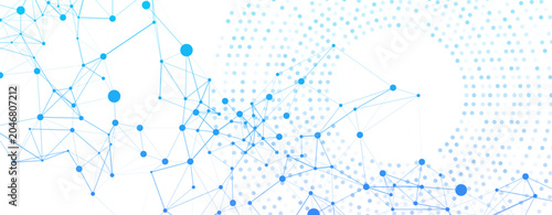 An abstract background features an interconnected blue network of dots and lines, representing data, technology, and communication. It offers a clean, modern design.
