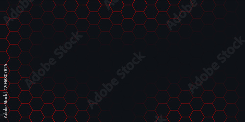 Abstract dark hexagon pattern on red neon background technology style. Modern futuristic geometric shape web banner design.