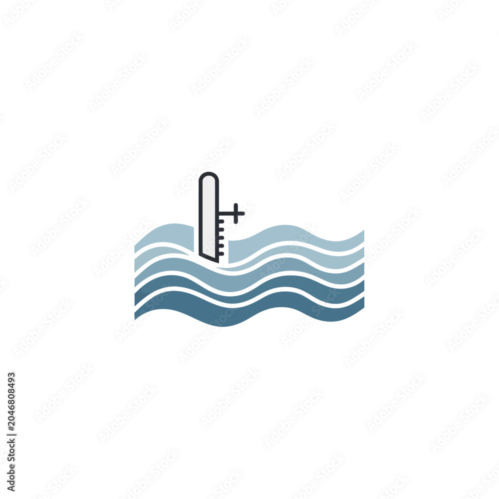 Obraz premium Illustration of a thermometer in wavy water, symbolizing temperature measurement in aquatic environments or climate change