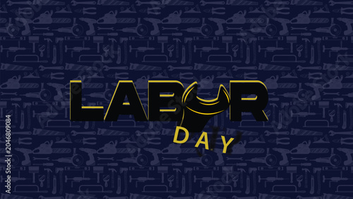 Labor Day Poster with Industrial Tools Pattern on Dark Blue Background