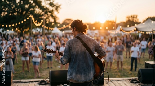 Musician performs on outdoor stage with guitar as crowd enjoys festival at sunset