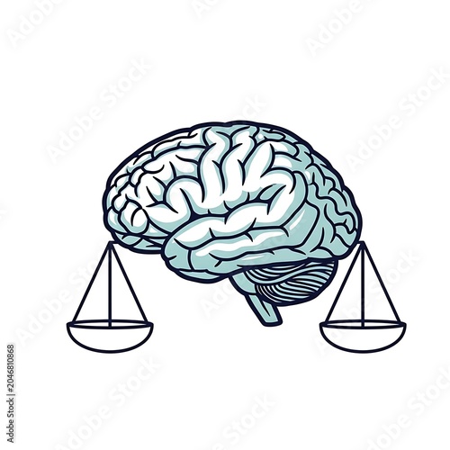 Line art illustration of human brain balancing scales.