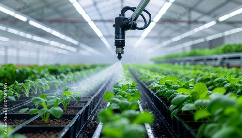 Automated irrigation system waters rows of young green plants in an indoor agricultural facility with a robotic arm.