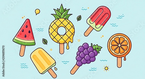 Colorful vector illustration of international food items.
