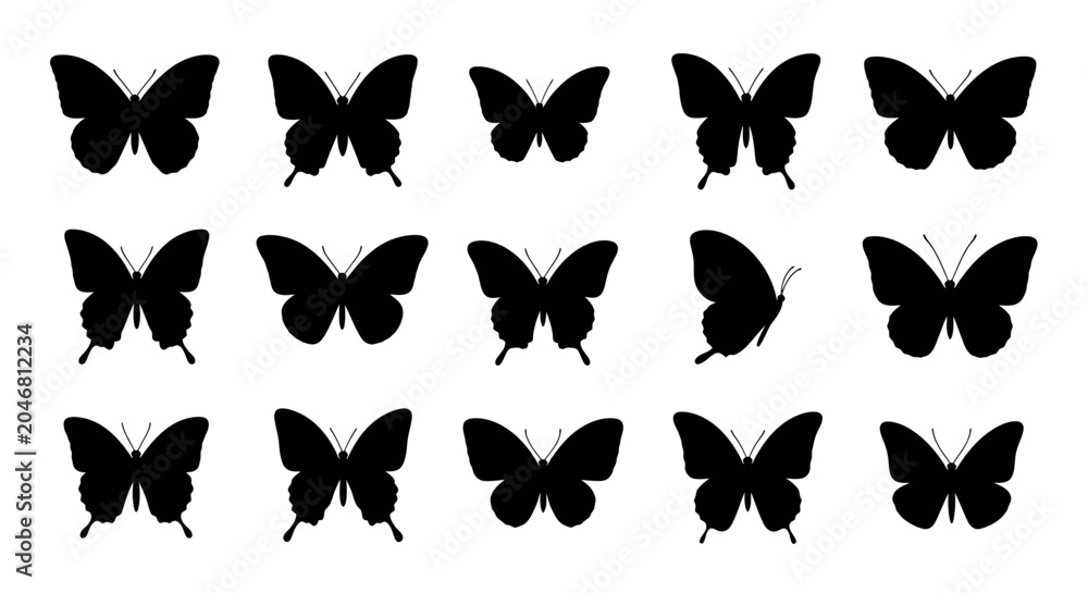 Obraz premium Collection of silhouette butterflies in various poses and orientations for artistic and design purposes