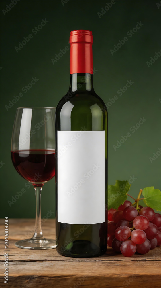 Fototapeta premium Wine bottle glass and grapes on table ideal for restaurant branding and gastronomy vlogs