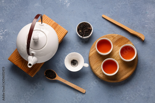 Wooden boards with teapot, ...