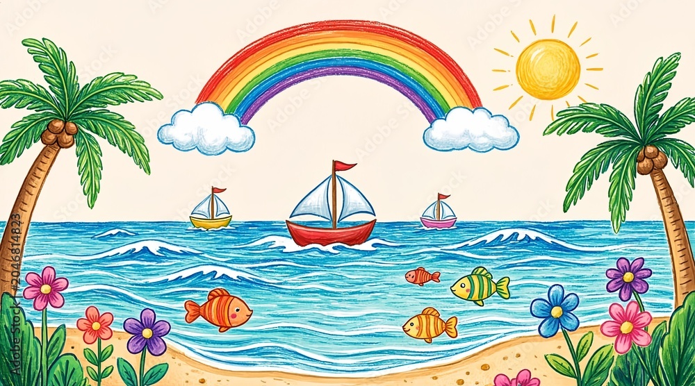 Obraz premium Vibrant Tropical Ocean Scene with Sailing Boats and Rainbow