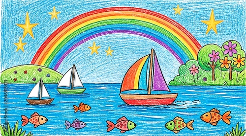 Colorful Sailboat Sailing on a Sunny Day with Rainbow and Tropical Fish Illustration