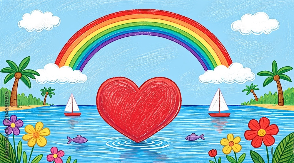 Fototapeta premium Vibrant Tropical Landscape Illustration Featuring a Large Red Heart and Rainbow Over a Sunny Ocean