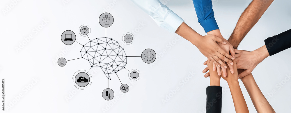 Obraz premium A vibrant illustration showcasing diverse hands joining in collaboration around a central brain network, symbolizing innovation and technology integration in teamwork. Trope