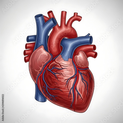 3D rendered human heart with blood vessels isolated on white.