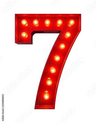 Brightly illuminated vintage marquee style number seven featuring incandescent bulbs in a vibrant red casing 