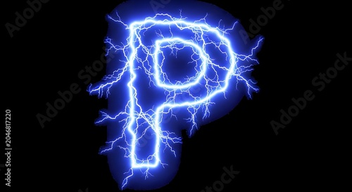Electric letter p formed by glowing blue lightning on black