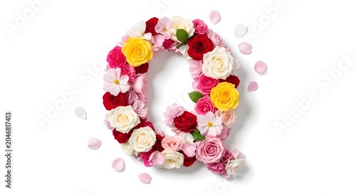 Floral letter q composed of colorful roses on white background