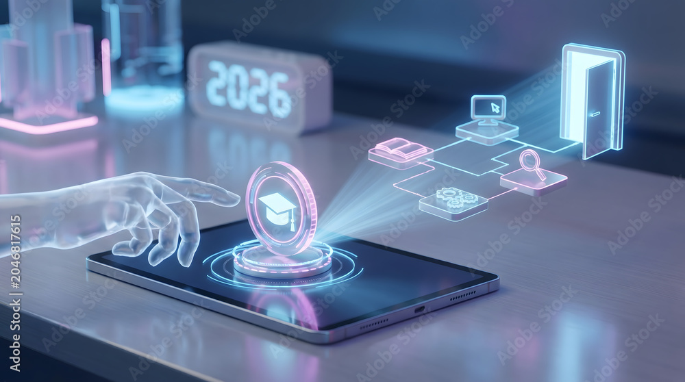 Fototapeta premium Futuristic online education and 2026 edtech concept with 3D illustration of cyber hand touching tablet showing glowing graduation cap and career path node connected to open door