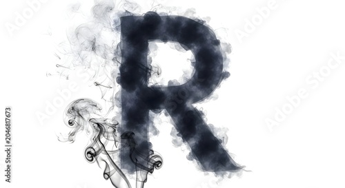 Capital letter r stylized with dark smoke against white background