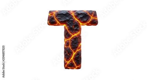Magma capital letter t with glowing lava cracks on white background