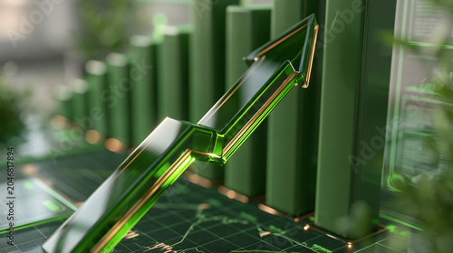 Green Upward Arrow and Bar Chart on Digital Circuit Board for Business Growth