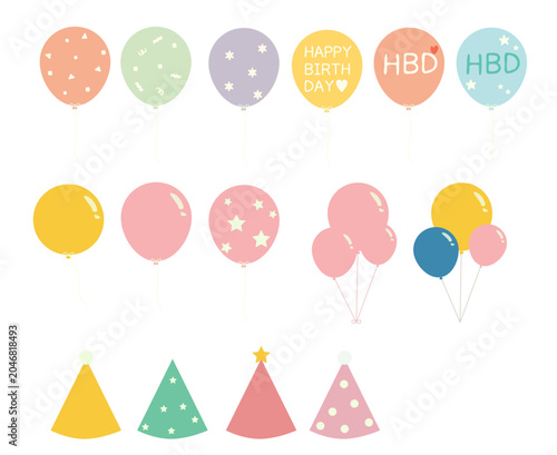 Party balloon and cone hat vector illustration set for birthday celebration