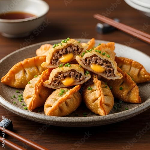 Crispy Deep Fried Asian Style Dumplings Stuffed with Savory Ground Beef and Melted Cheese Filling