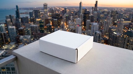 Blank white cardboard mailer box sitting on rooftop overlooking blurry urban city skyline during sunset for shipping mockup