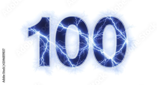 Number 100 with electric blue lightning effects on white background