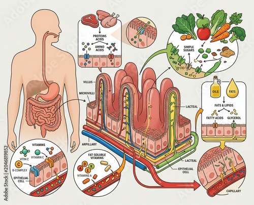 Anatomy of the human digestive system and nutrient absorption in the small intestine