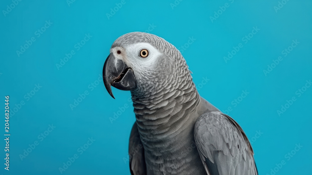 Obraz premium African grey parrot portrait on bright cyan background, detailed feathers and curious expression