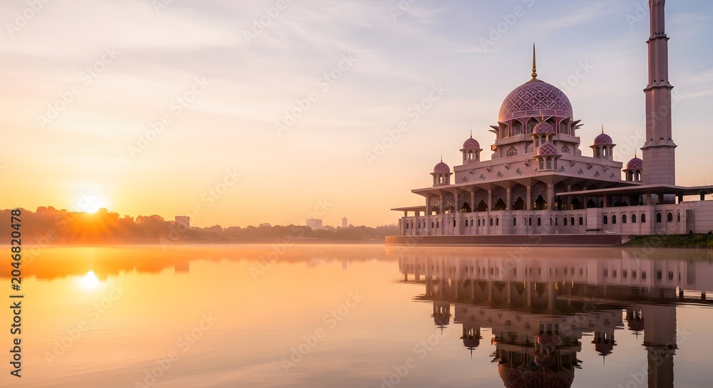 Obraz premium Majestic pink domed structure with a tall slender tower reflected in calm water during a vibrant sunrise casting golden light across the serene landscape and illuminating the early morning mist