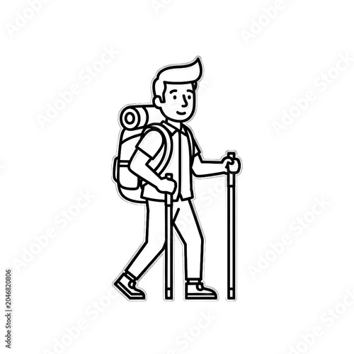 Line Art Illustration Of A Young Male Backpacker Hiking With Walking Sticks On Transparent Background