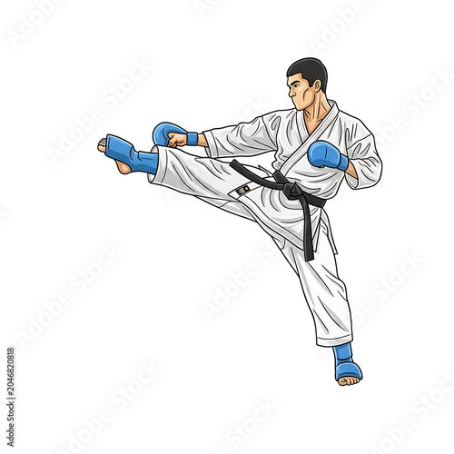 Karate Fighter Executing High Kick Move In Traditional White Gi With Blue Protective Gear Isolated