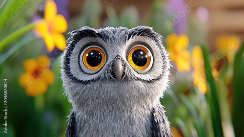 Adorable Cartoon Owl Among Spring Flowers