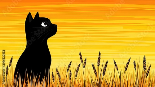 Black Cat Silhouette in Golden Wheat Field at Sunset