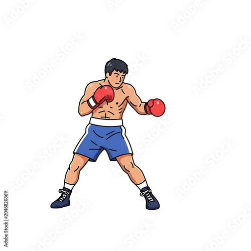 Pixel Art Boxer In Red Gloves And Blue Shorts Isolated Against Plain White Background For Game Asset